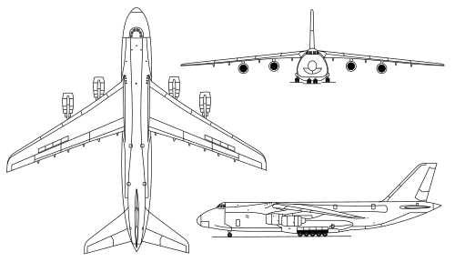 A 3-view line drawing of the Antonov An-124.
